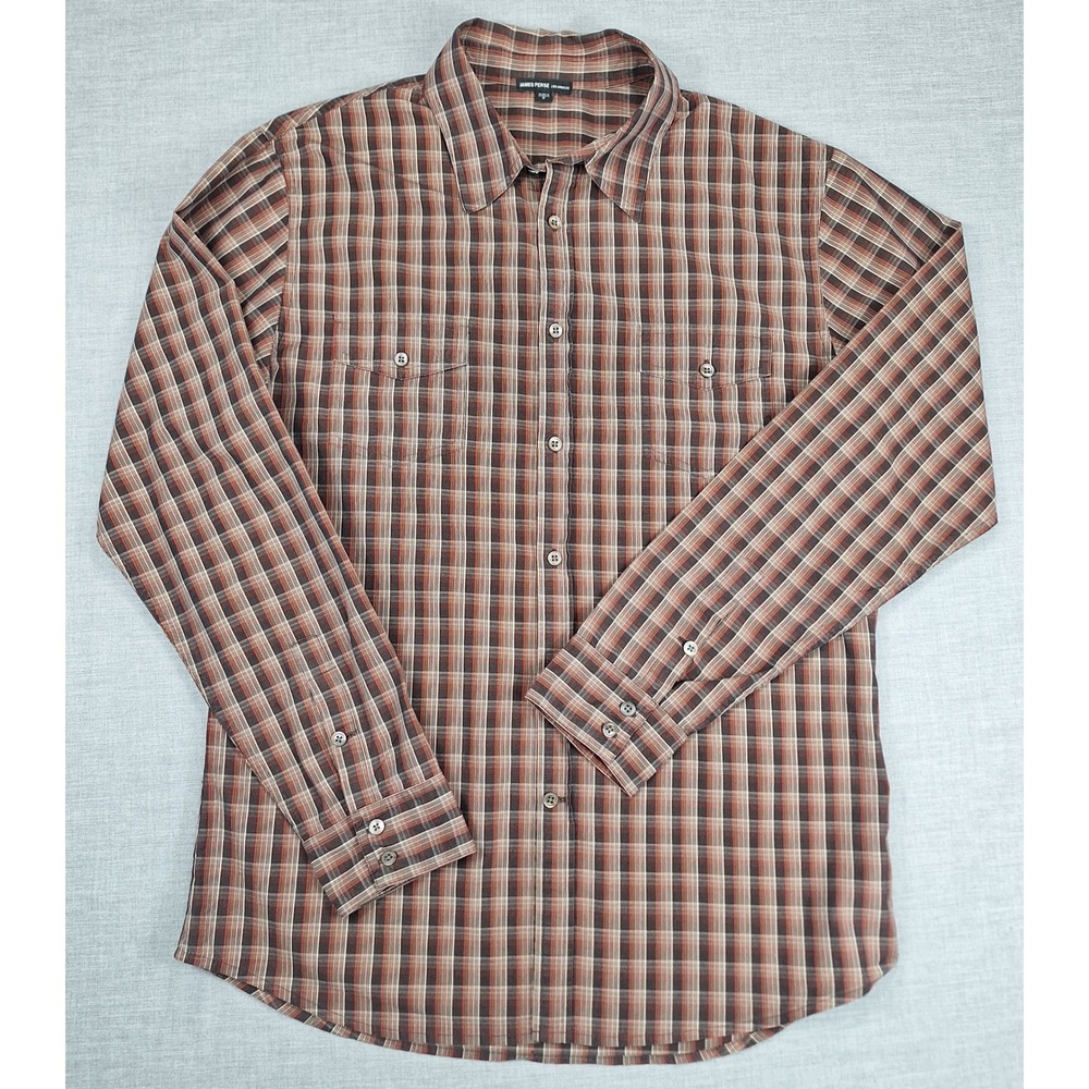 James Perse Los Angeles Mens Plaid Button Down Shirt Brown Orange Size 2 M
